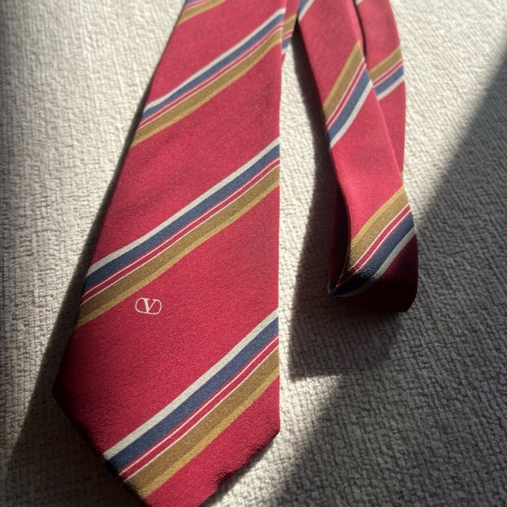 Valentino Burgundy Tie with Blue and Gold Stripes